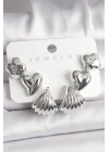 Mey İthalat® Gümüş Renk Yonca Kalp Deniz Kabuğu Figür CCB Kadın Küpe Seti