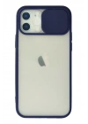 Mey İthalat®  iPhone 12 Kılıf Palm Buzlu Kamera Sürgülü Silikon - Lacivert
