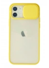 Mey İthalat®  iPhone 12 Kılıf Palm Buzlu Kamera Sürgülü Silikon - Sarı