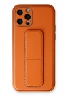 Mey İthalat®  iPhone 12 Pro Kılıf Coco Deri Standlı Kapak - Turuncu