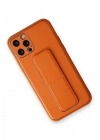 Mey İthalat®  iPhone 12 Pro Kılıf Coco Deri Standlı Kapak - Turuncu
