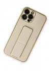 Mey İthalat®  iPhone 13 Pro Kılıf Coco Deri Standlı Kapak - Gold