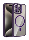 Mey İthalat®   iPhone 14 Pro Max Remim Lensli Magsafe Standlı Kapak - Derin Mor