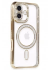 Mey İthalat®  iPhone 16 Kılıf Joke Simli Magneticsafe Kılıf - Gold
