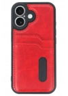 Mey İthalat®  iPhone 16 Kılıf Sara Kartvizitli Deri Kılıf - Kırmızı