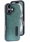 Mey İthalat®  iPhone 16 Kılıf Sara Kartvizitli Deri Kılıf - Koyu Yeşil