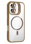 Mey İthalat®   iPhone 16 Plus Remim Lensli Magsafe Standlı Kapak - Kahverengi