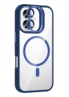 Mey İthalat®   iPhone 16 Plus Remim Lensli Magsafe Standlı Kapak - Lacivert