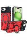 Mey İthalat®  iPhone 16E Kılıf Joy Lens Standlı Kapak - Kırmızı
