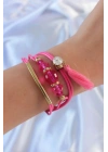 Mey İthalat® Pembe Zirkon Taşlı İpli Püskül Detay Çoklu Bileklik