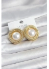 Mey İthalat® Pirinç Gold Renk Sarmal Model İncili Kadın Küpe