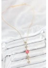 Mey İthalat® Pirinç Zincir Pembe Gold Renk Zirkon Taşlı Y Kolye