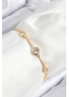 Mey İthalat® Pirinç Zirkon Taşlı Daire Model Gold Renk Asansörlü Kadın Bileklik