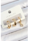 Mey İthalat® Pirinç Zirkon Taşlı Halka Model Gold Renk 3lü Çift Kadın Küpe Set