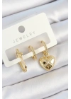 Mey İthalat® Pirinç Zirkon Taşlı Kalp Model Gold Renk 3lü Çift Kadın Küpe Set