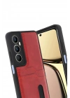 Mey İthalat®  Realme C65 Sara Kartvizitli Deri Kılıf - Kırmızı
