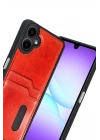 Mey İthalat®  Samsung Galaxy A07 4G Sara Kartvizitli Deri Kılıf - Kırmızı