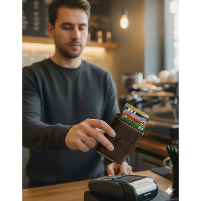 Hakiki Deri Mekanizmalı Akıllı Cüzdan Kartlık
