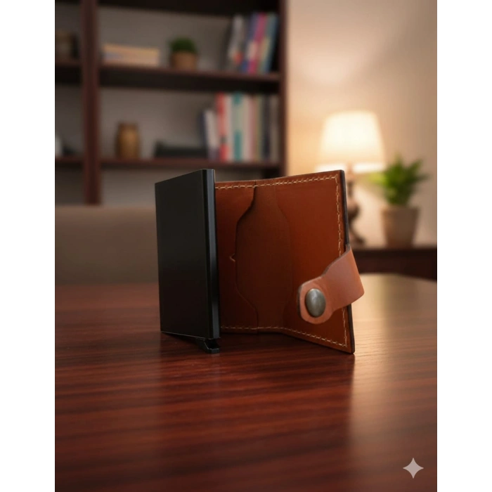 Hakiki Deri Mekanizmalı Akıllı Cüzdan Kartlık