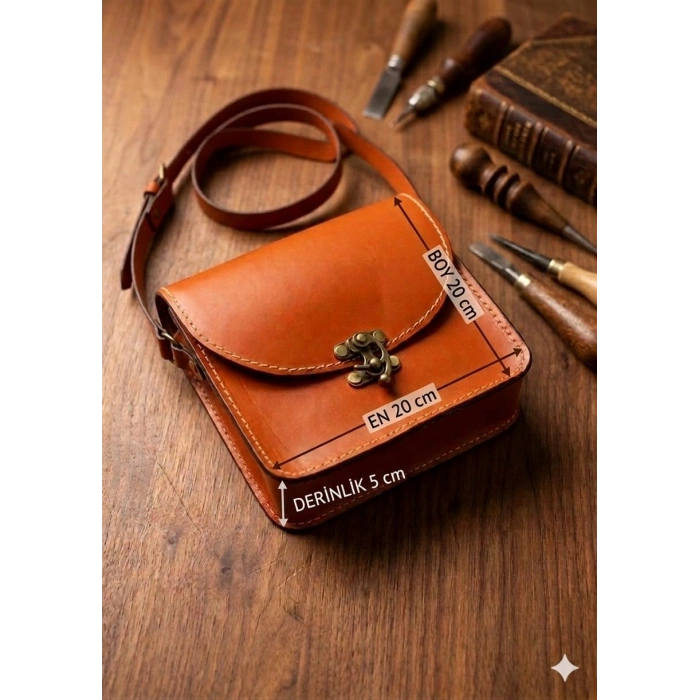 ​El İşçiliği Hakiki Deri Vintage Omuz Çantası – Taba