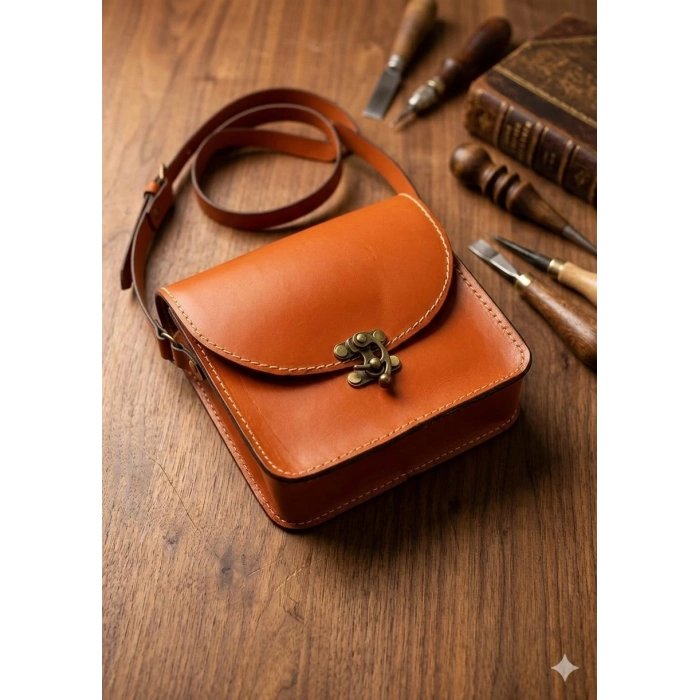 ​El İşçiliği Hakiki Deri Vintage Omuz Çantası – Taba