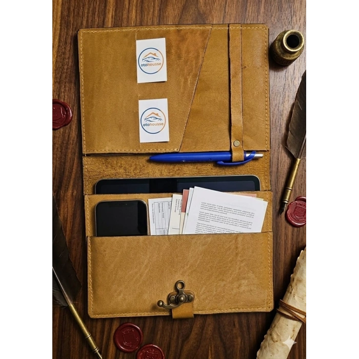 Premium Hakiki Deri Çok Amaçlı Portföy ve Tablet Kılıfı - Vintage Taba