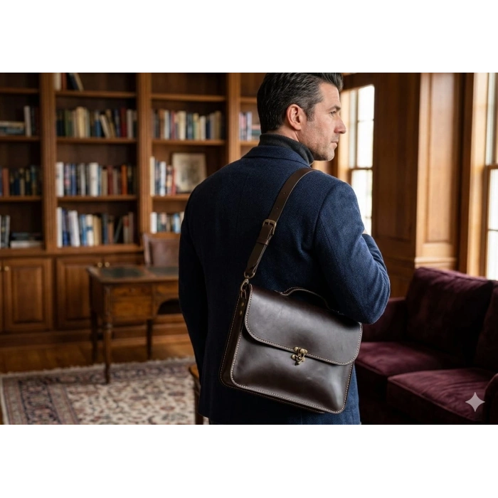 Hakiki Deri El Yapımı Evrak ve Laptop Çantası - Antik Kahve