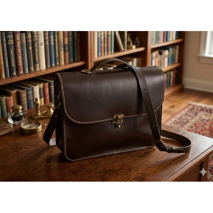 Hakiki Deri El Yapımı Evrak ve Laptop Çantası - Antik Kahve