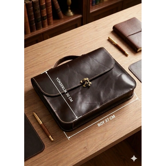 Hakiki Deri El Yapımı Evrak ve Laptop Çantası - Antik Kahve