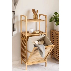 2 Organizer Raflı Ahşap Bambu Çek-Aç Kirli Sepeti