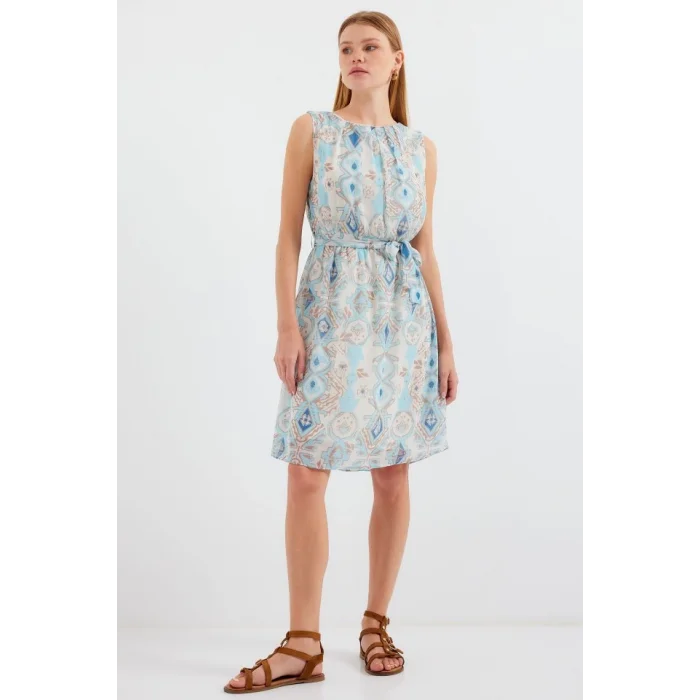 2501 Desenli Sıfır Kol Şifon Elbise - Mavi