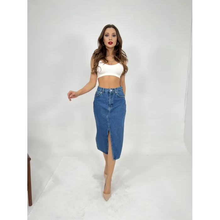 6478 DENİM MIDI SLIT SKIRT-MAVİ