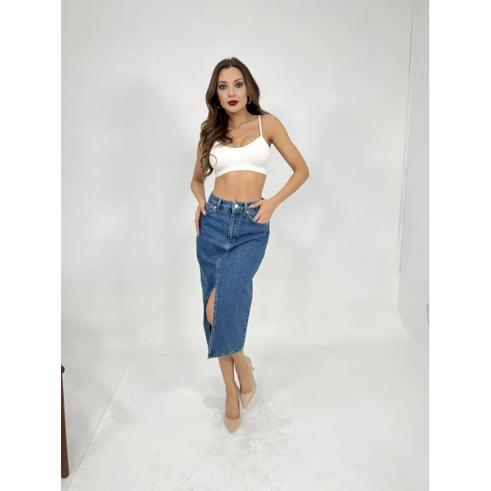 6478 DENİM MIDI SLIT SKIRT-MAVİ