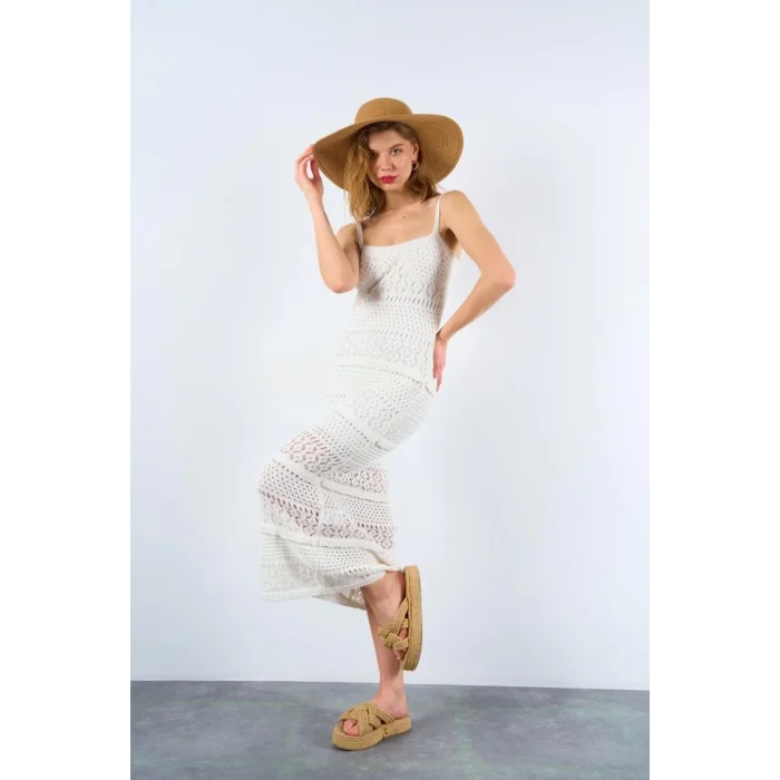Ajurlu Astarlı Elbise - Ekru