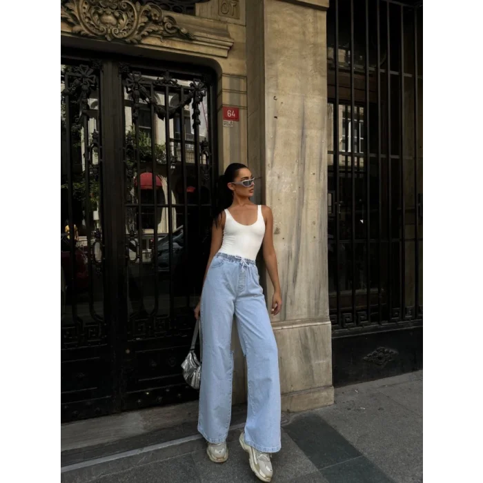 Arkadan Yırtmaçlı Jeans Kot Palazzo Pantolon - Mavi