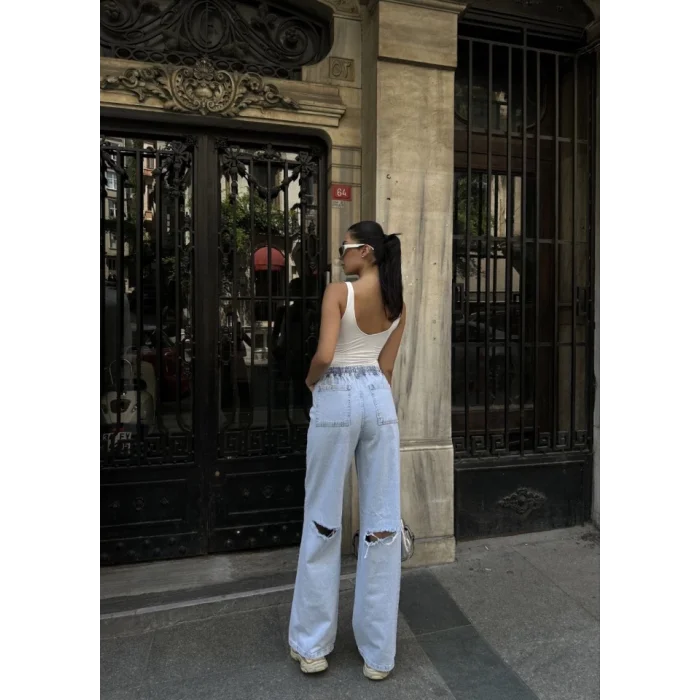 Arkadan Yırtmaçlı Jeans Kot Palazzo Pantolon - Mavi