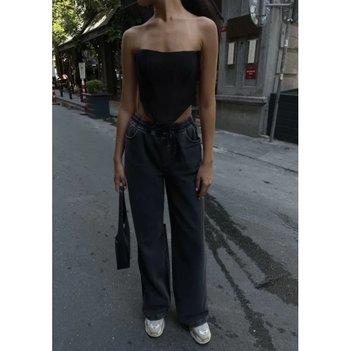 Arkadan Yırtmaçlı Jeans Kot Palazzo Pantolon - Siyah