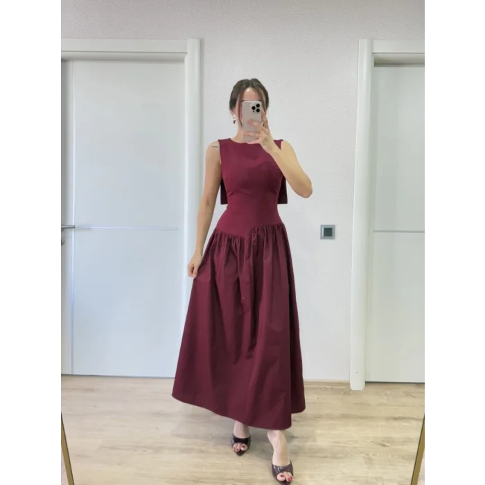 Arkası Kanatlı Uzun Elbise- Bordo