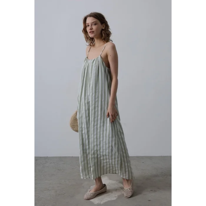 Askılı Çizgi Desen Elbise - Haki