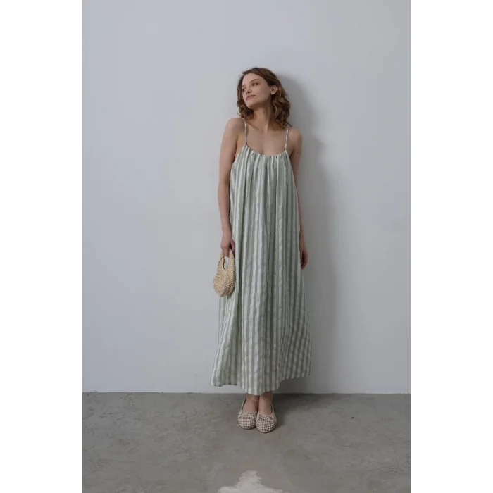 Askılı Çizgi Desen Elbise - Haki