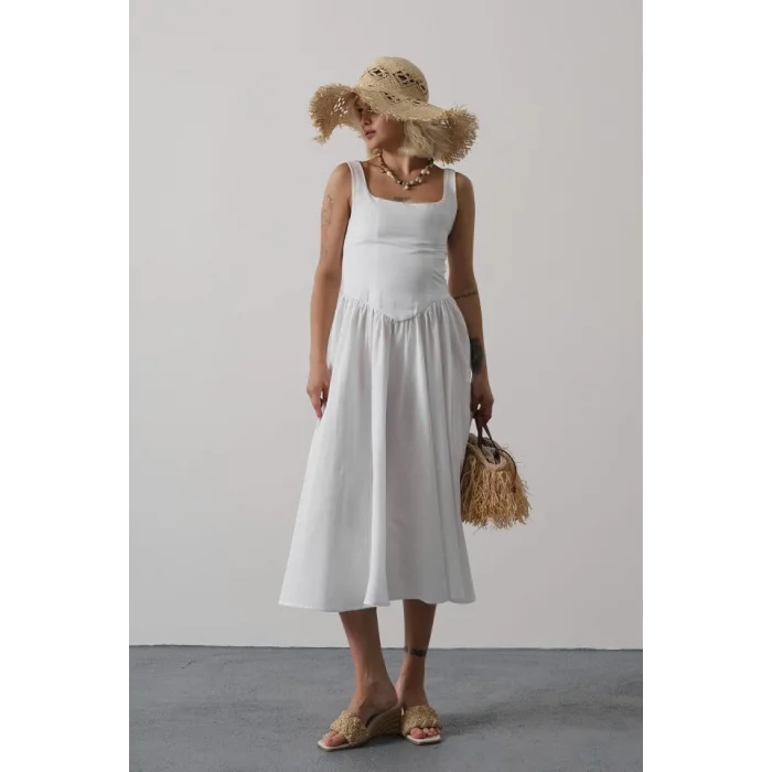 Askılı Uzun Elbise - Beyaz