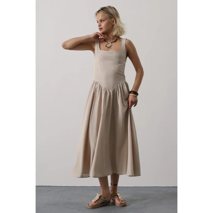 Askılı Uzun Elbise - Taş