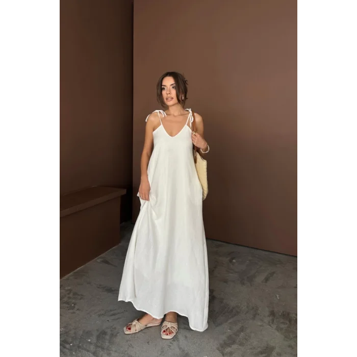 ASKILI UZUN SALAŞ MÜSLİN ELBİSE - Beyaz