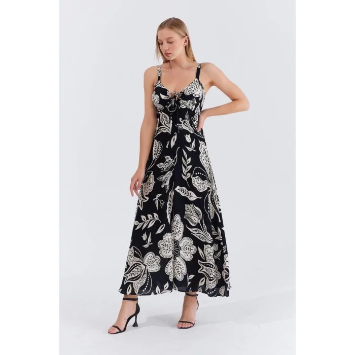 Askılı Viscon Elbise - Siyah