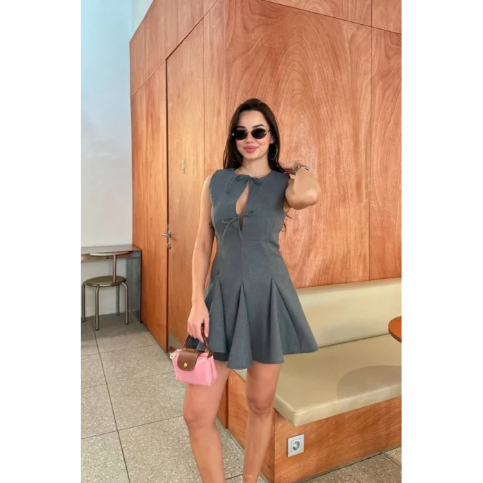 Bağcık Detaylı Kolsuz Mini Elbise - Antrasit