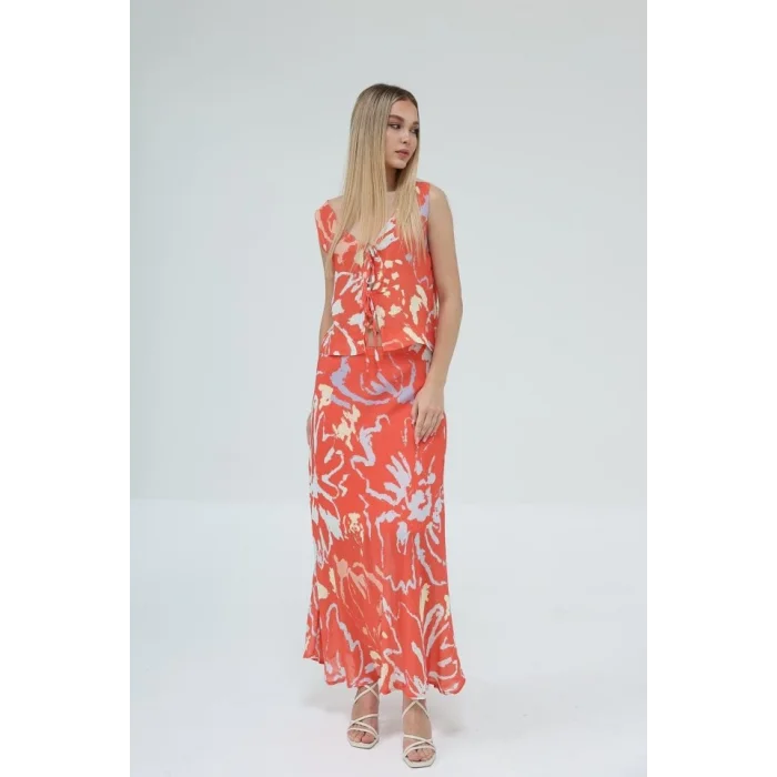 Bağcıklı Bluzlu Etek Takım - Kırmızı