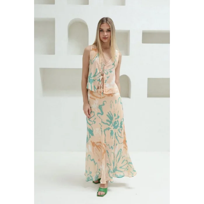 Bağcıklı Bluzlu Etek Takım - Pudra