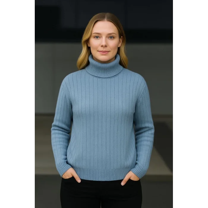 Balıkcı Yaka Bağazlı Triko Kazak Pamuklu Kalın Fitilli Dokuma - Bebek Mavisi