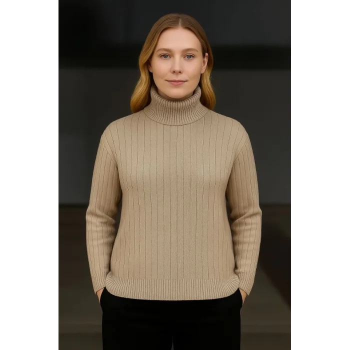 Balıkcı Yaka Bağazlı Triko Kazak Pamuklu Kalın Fitilli Dokuma - Bej