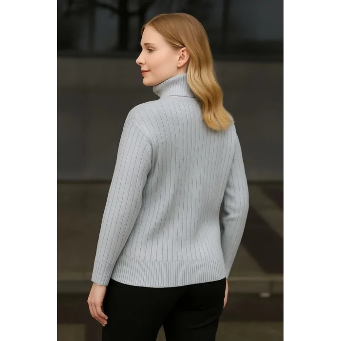 Balıkcı Yaka Bağazlı Triko Kazak Pamuklu Kalın Fitilli Dokuma - Gri